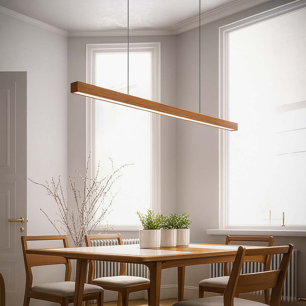 Linear LED Pendant Lamp Scandinavian Wood Finish with Adjustable Height
