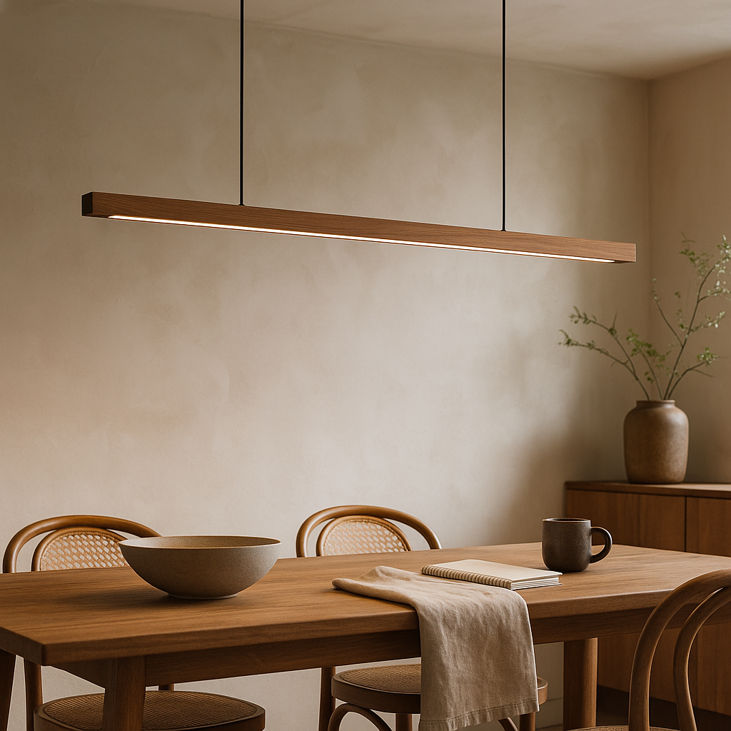 Linear LED Pendant Lamp Scandinavian Wood Finish with Adjustable Height