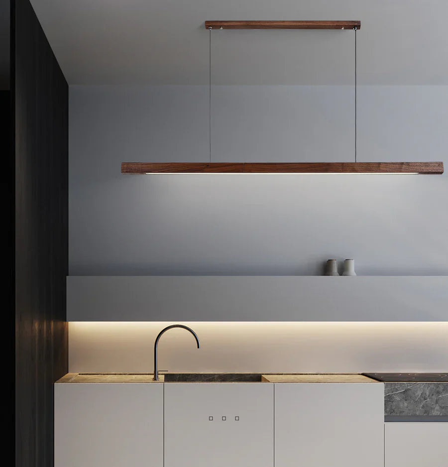 Linear LED Pendant Lamp Scandinavian Wood Finish with Adjustable Height
