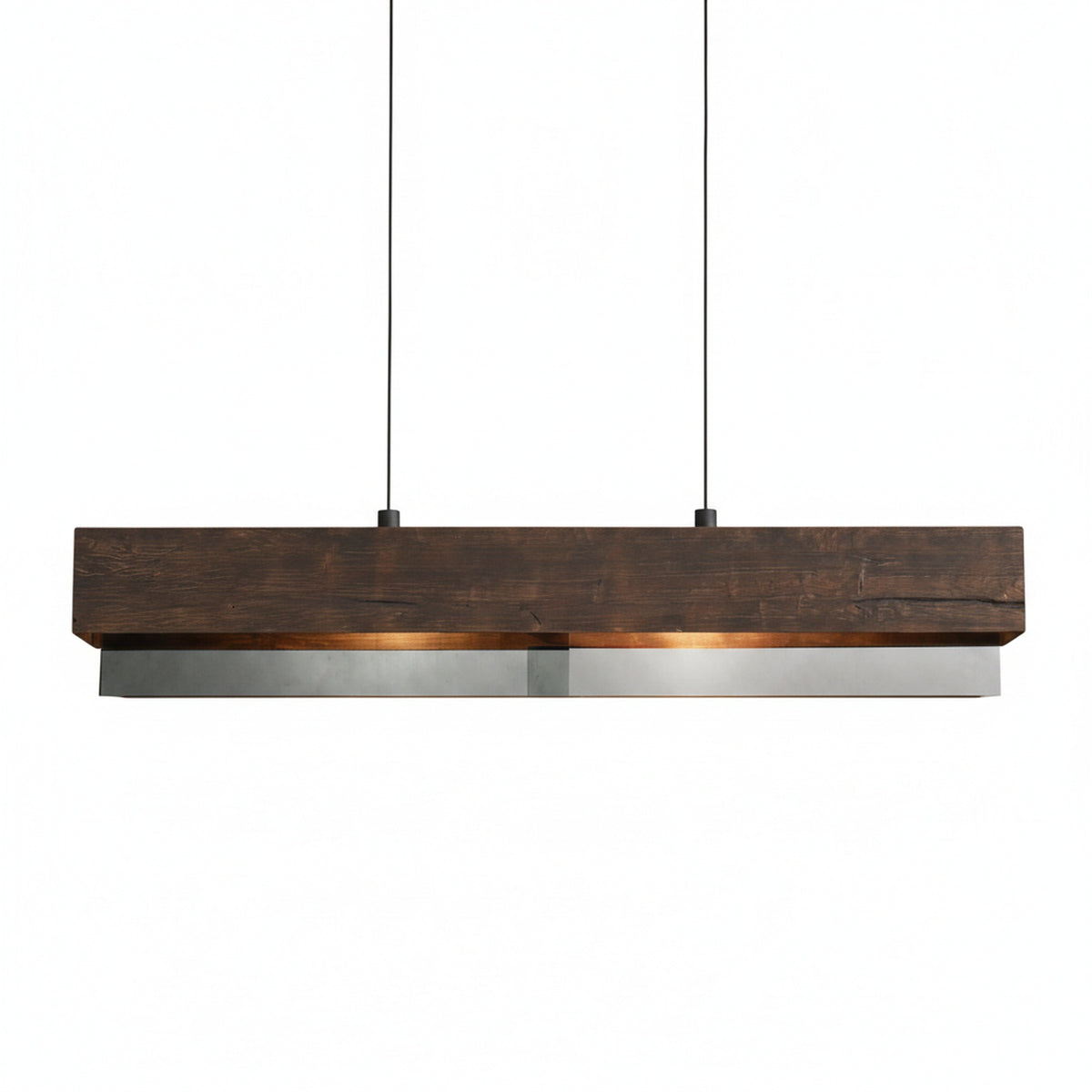 Linear Pendant Chandelier with Wood Beam and Mirrored Glass Shade