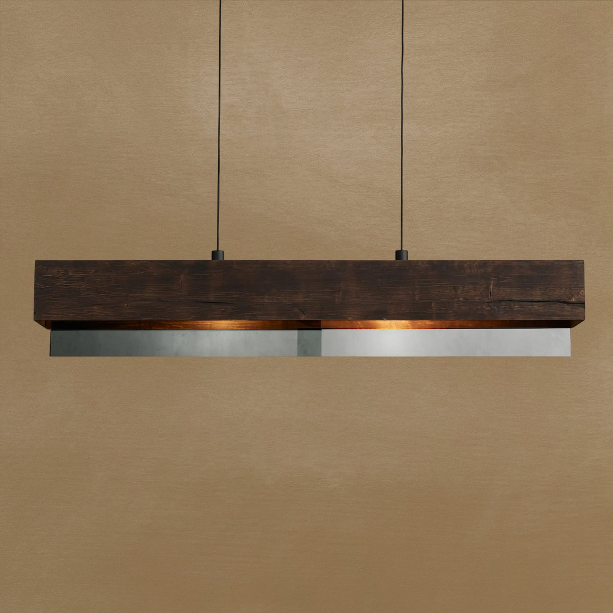 Linear Pendant Chandelier with Wood Beam and Mirrored Glass Shade