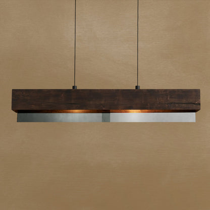 Linear Pendant Chandelier with Wood Beam and Mirrored Glass Shade