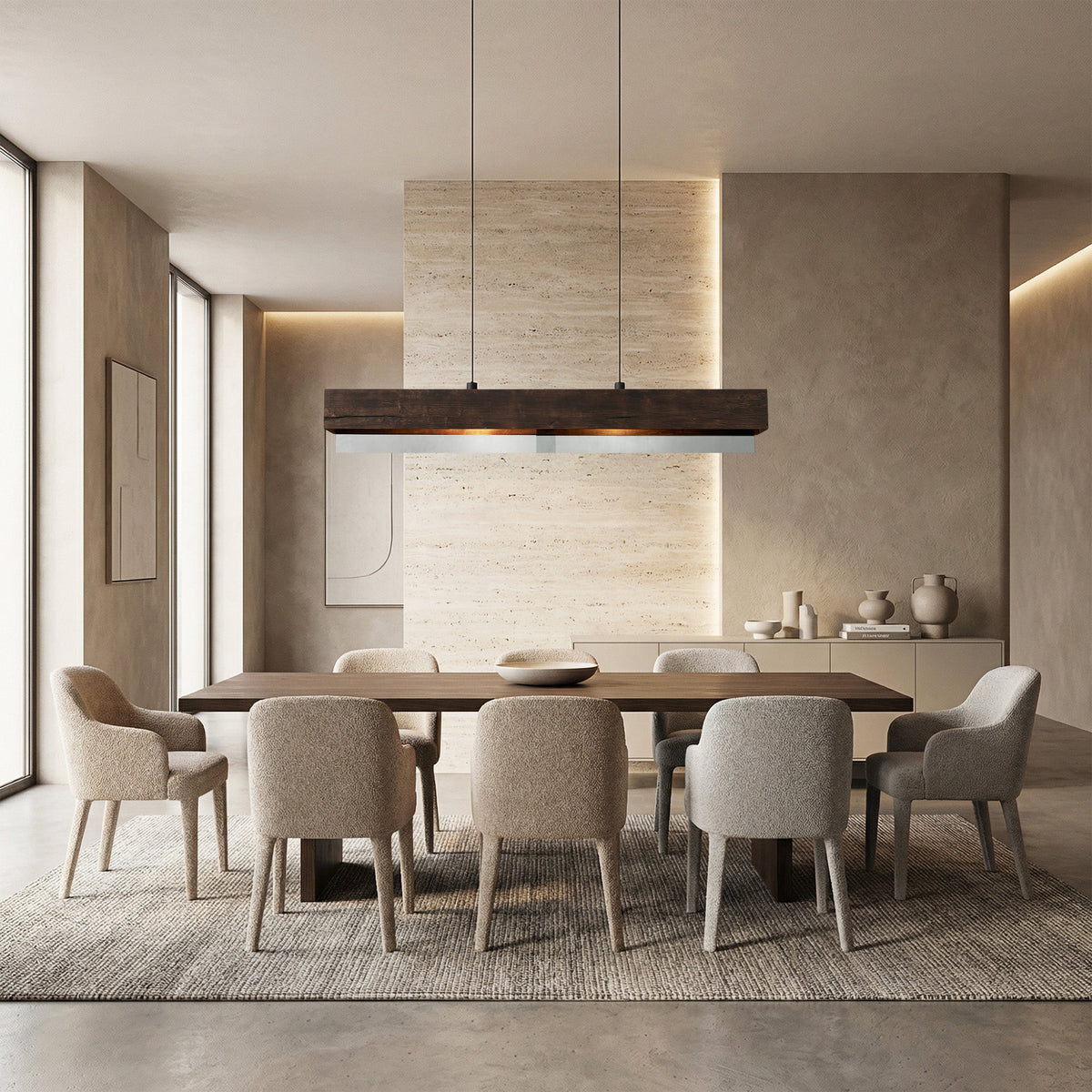 Linear Pendant Chandelier with Wood Beam and Mirrored Glass Shade