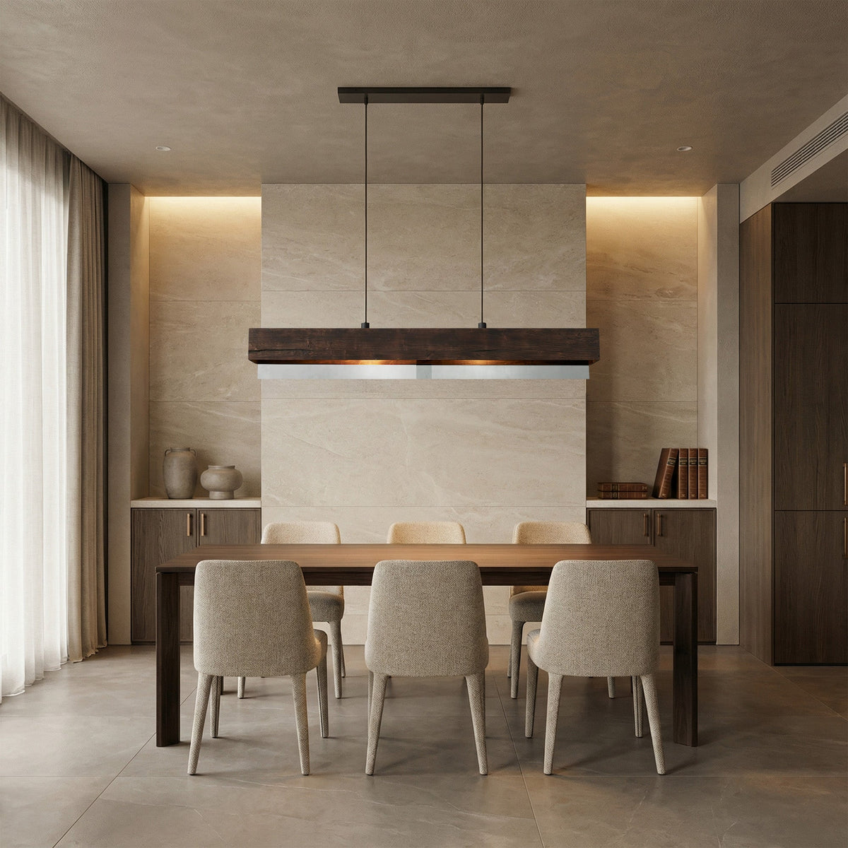 Linear Pendant Chandelier with Wood Beam and Mirrored Glass Shade