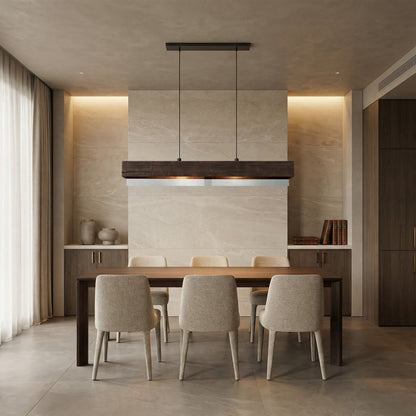 Linear Pendant Chandelier with Wood Beam and Mirrored Glass Shade