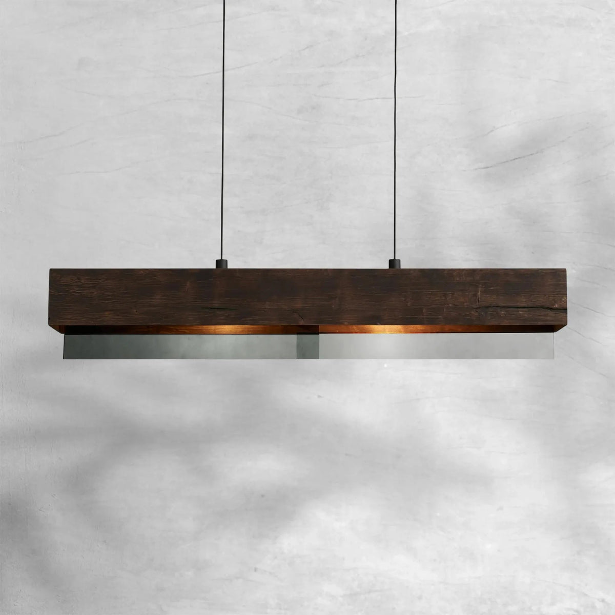Linear Pendant Chandelier with Wood Beam and Mirrored Glass Shade