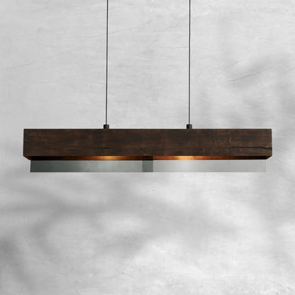 Linear Pendant Chandelier with Wood Beam and Mirrored Glass Shade