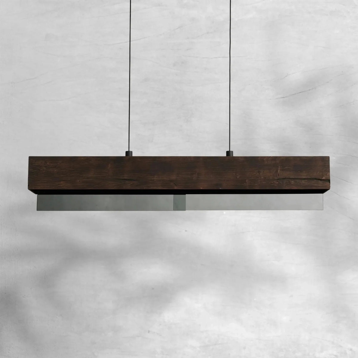 Linear Pendant Chandelier with Wood Beam and Mirrored Glass Shade