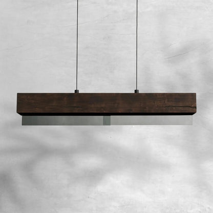 Linear Pendant Chandelier with Wood Beam and Mirrored Glass Shade