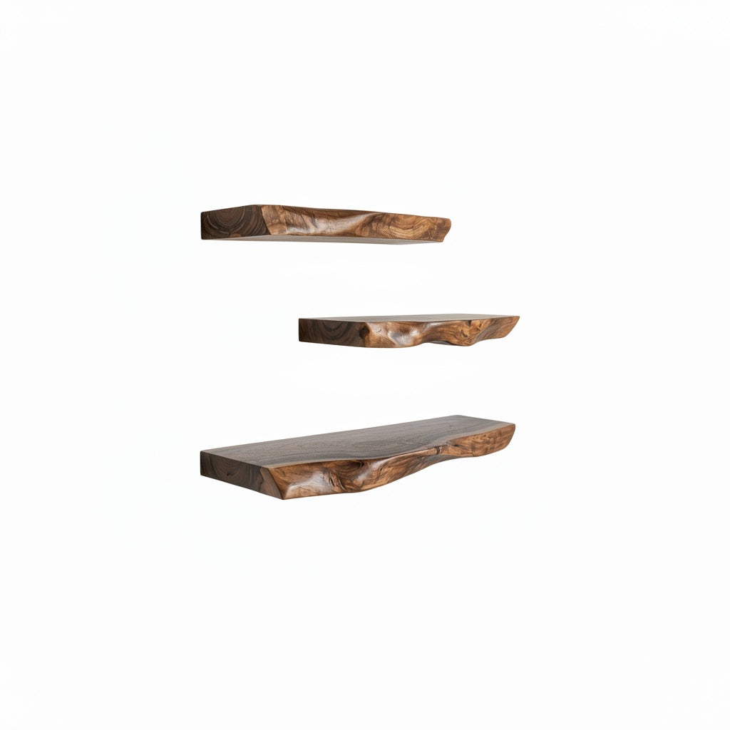 Live Edge Floating Wall Shelves with Natural Walnut Grain and Invisible Mount
