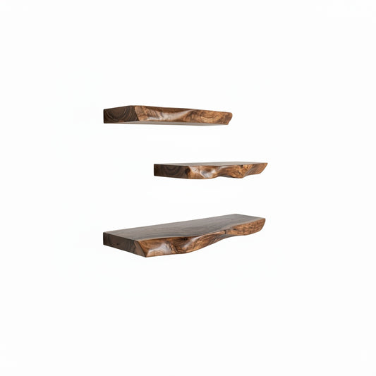 Live Edge Floating Wall Shelves with Natural Walnut Grain and Invisible Mount