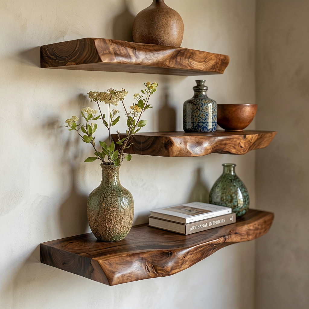 Live Edge Floating Wall Shelves with Natural Walnut Grain and Invisible Mount