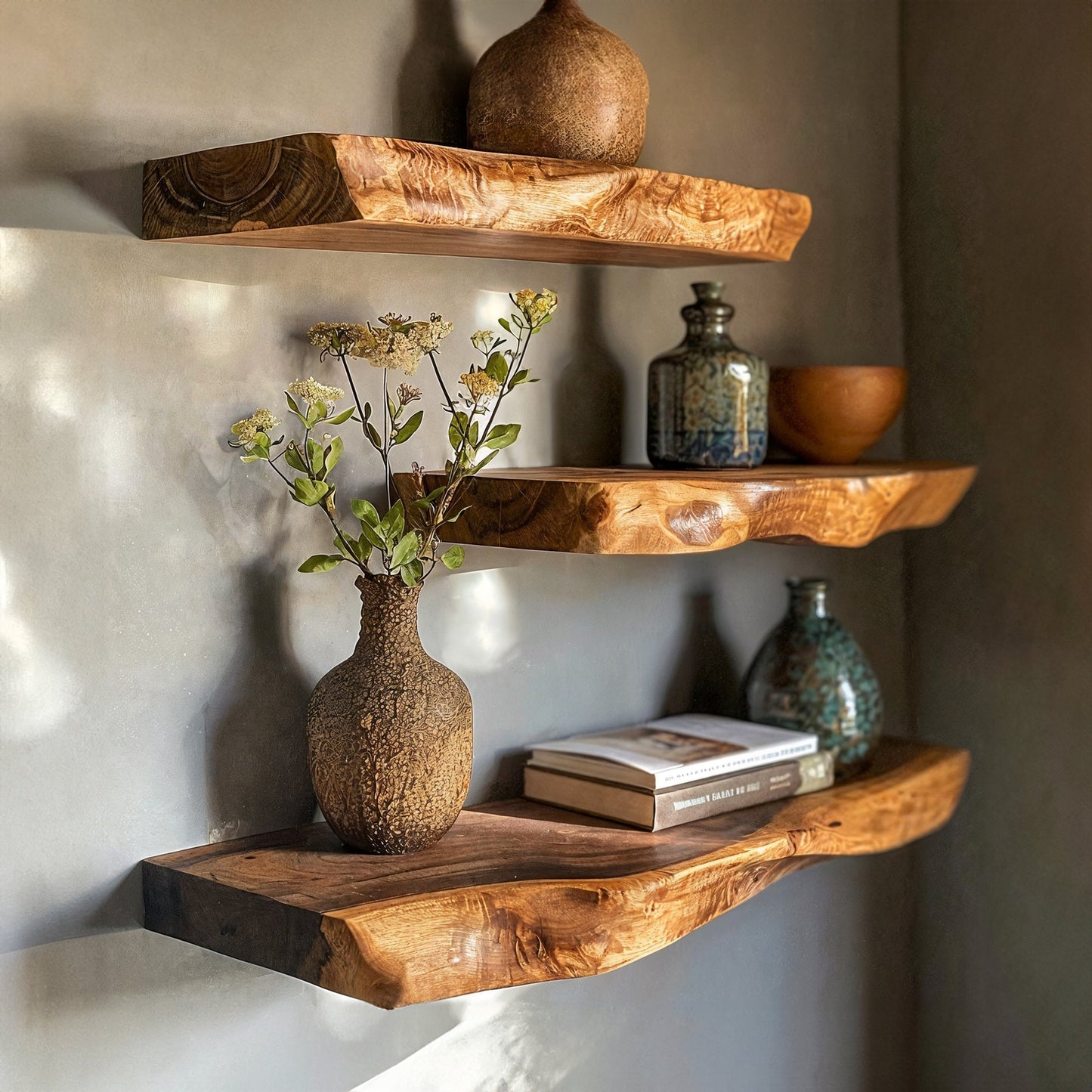 Live Edge Floating Wall Shelves with Natural Walnut Grain and Invisible Mount