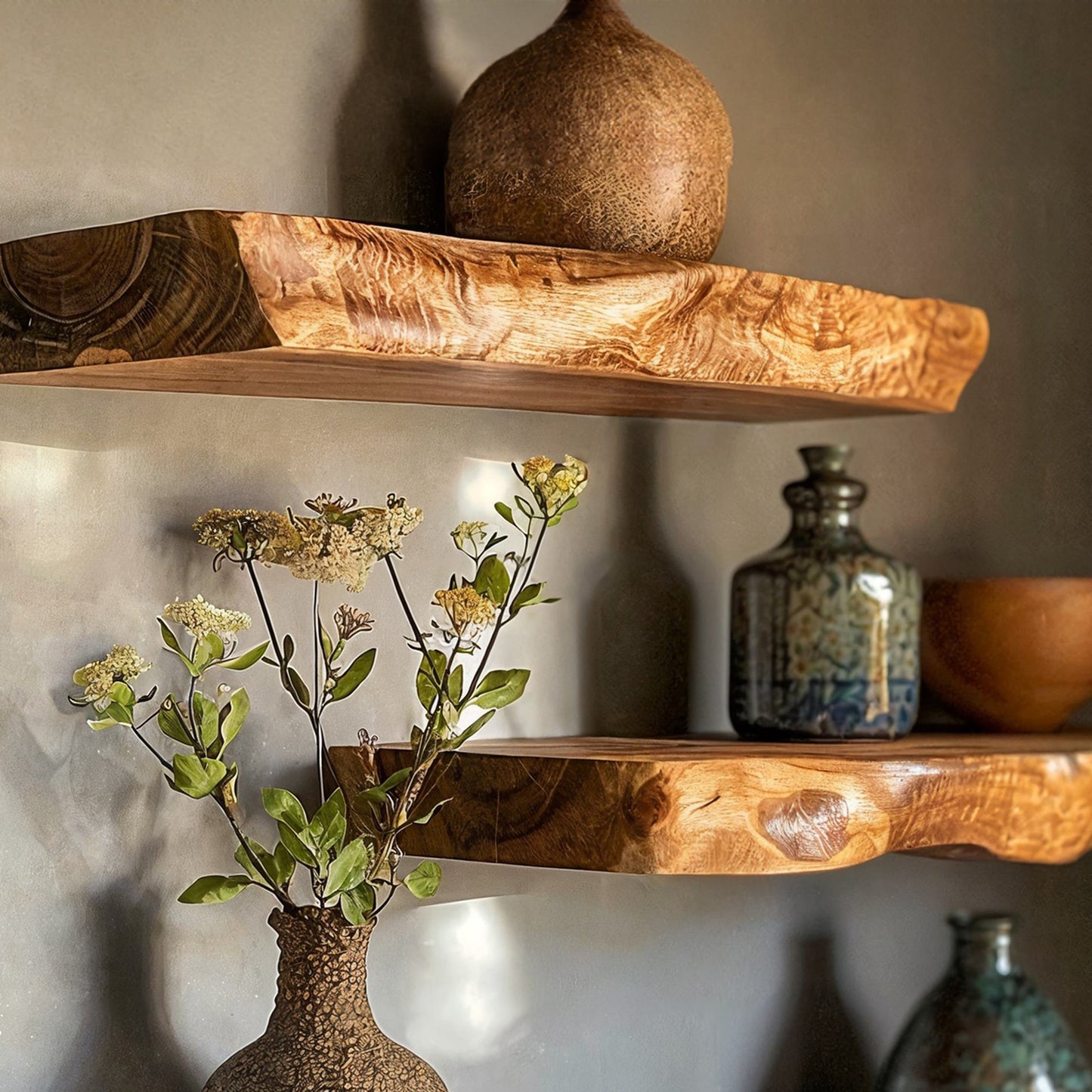 Live Edge Floating Wall Shelves with Natural Walnut Grain and Invisible Mount
