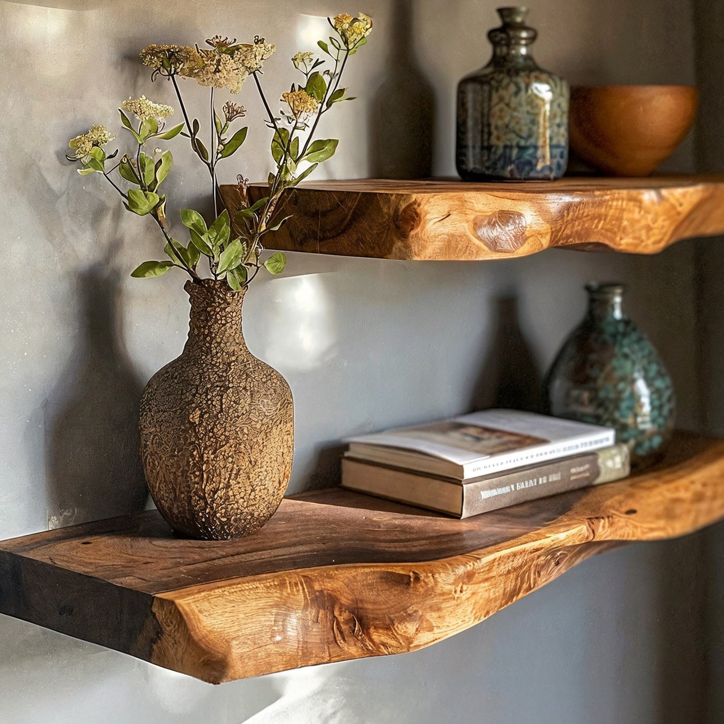 Live Edge Floating Wall Shelves with Natural Walnut Grain and Invisible Mount