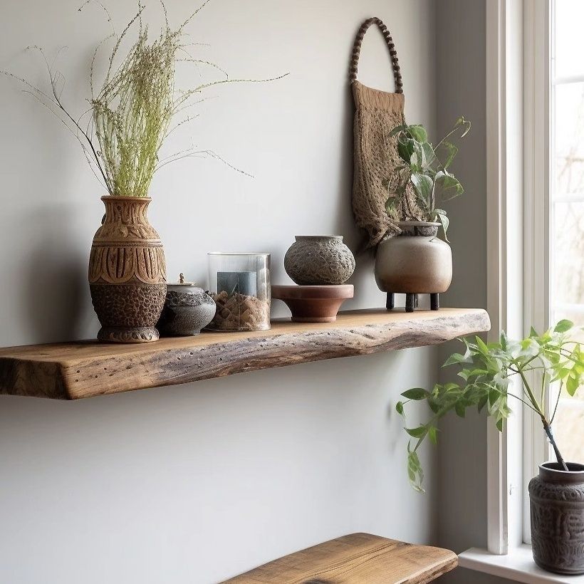 Live Edge Floating Wall Shelves with Natural Walnut Grain and Invisible Mount