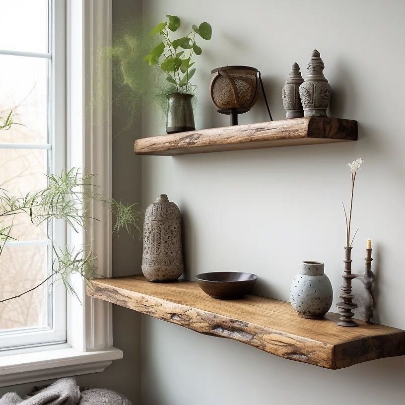 Live Edge Floating Wall Shelves with Natural Walnut Grain and Invisible Mount