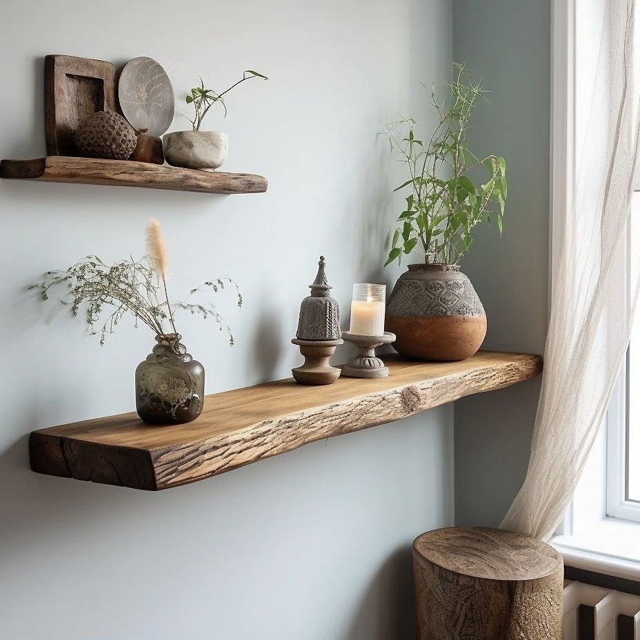 Live Edge Floating Wall Shelves with Natural Walnut Grain and Invisible Mount