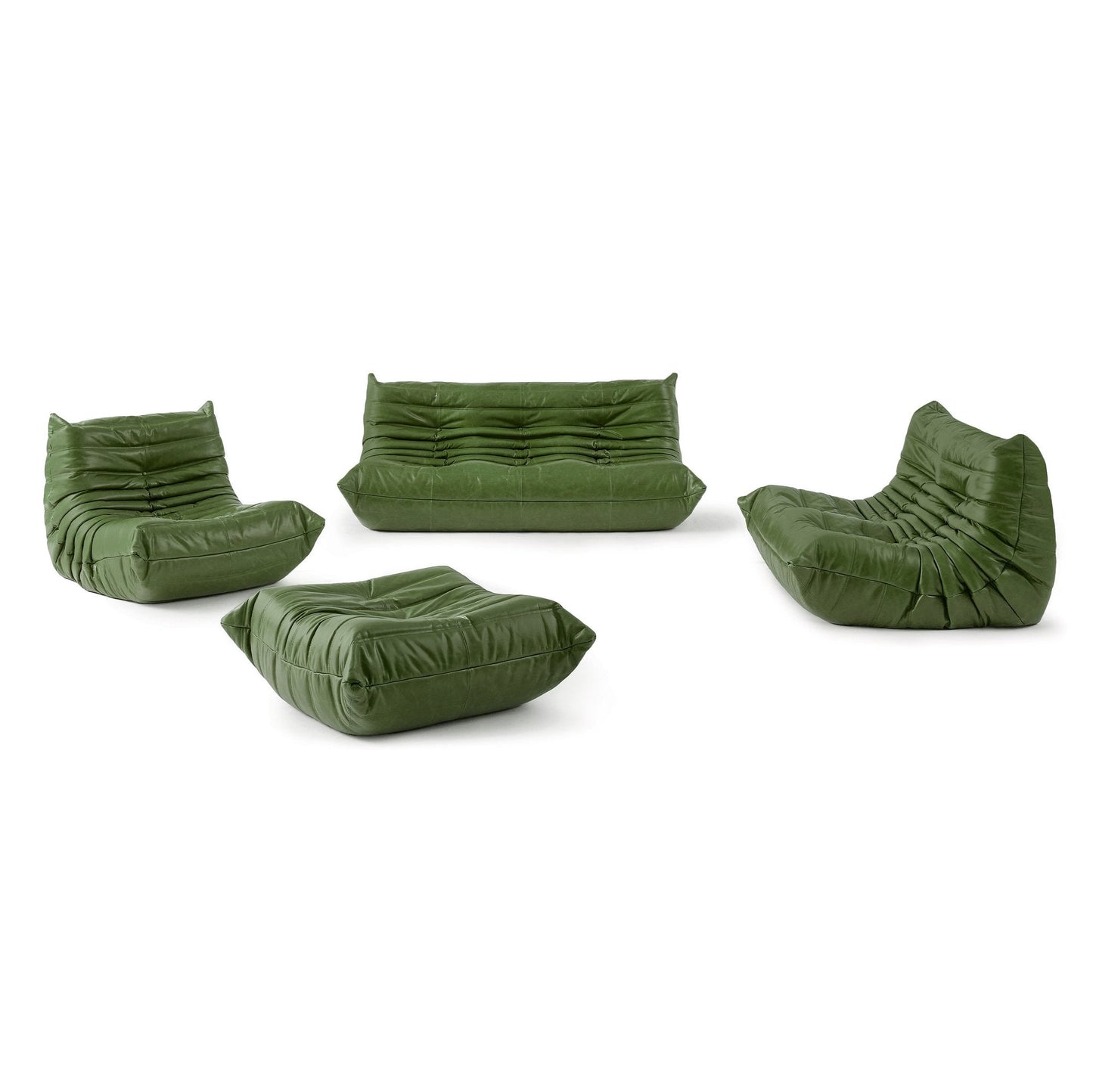 Low-Profile Modular Lounge Chair Sofa Set with Faux Leather Upholstery and Sculptural Tufted Design