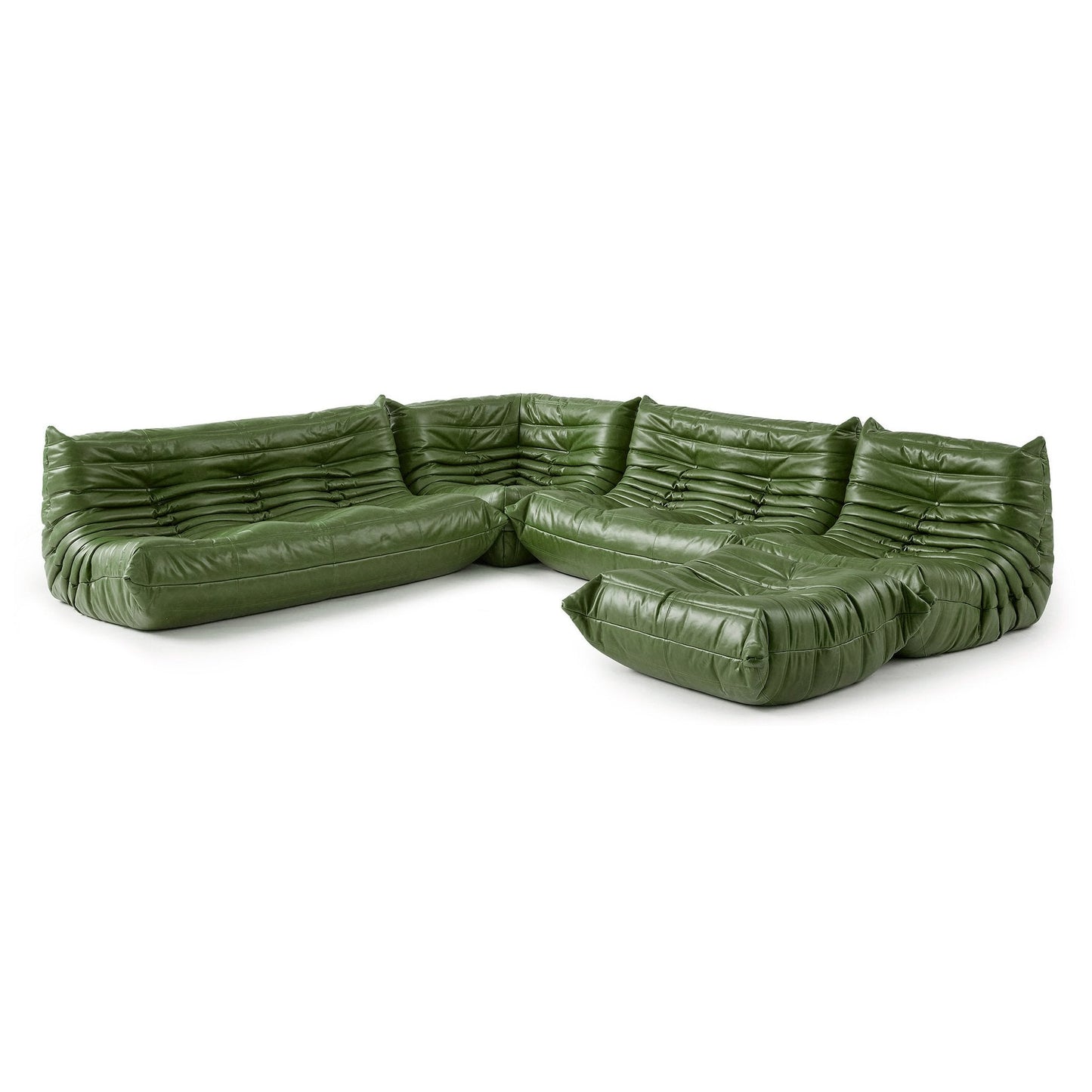 Low-Profile Modular Lounge Chair Sofa Set with Faux Leather Upholstery and Sculptural Tufted Design