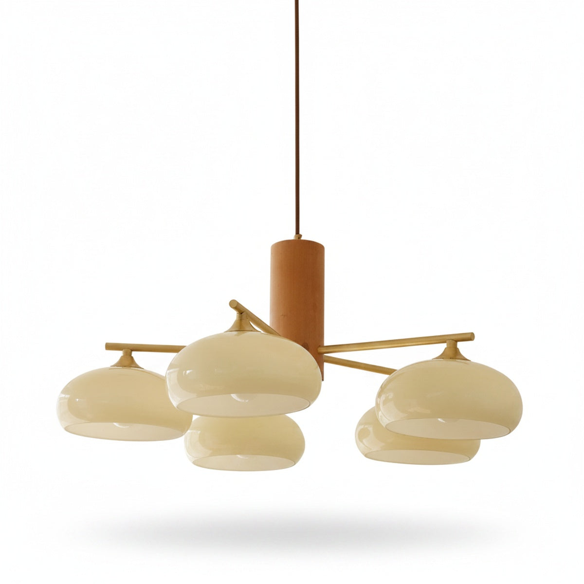 Mid-Century Chandelier with Glass Shades and Brass Arms