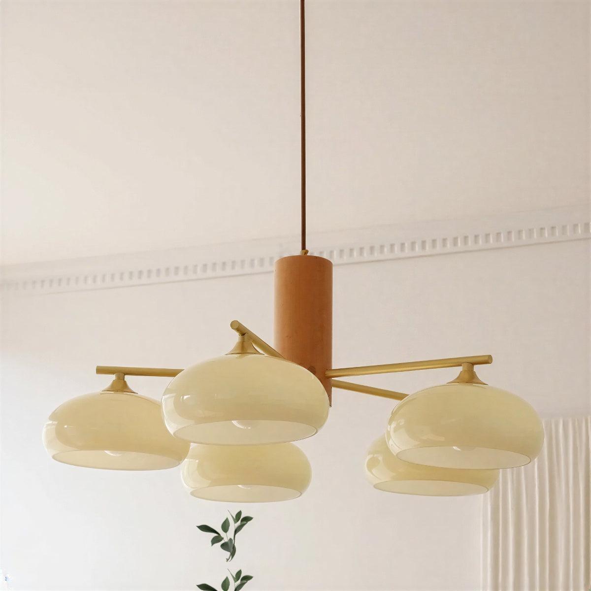 Mid-Century Chandelier with Glass Shades and Brass Arms
