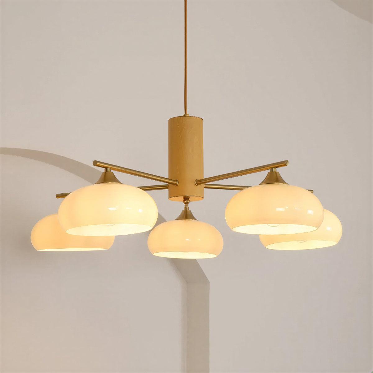 Mid-Century Chandelier with Glass Shades and Brass Arms