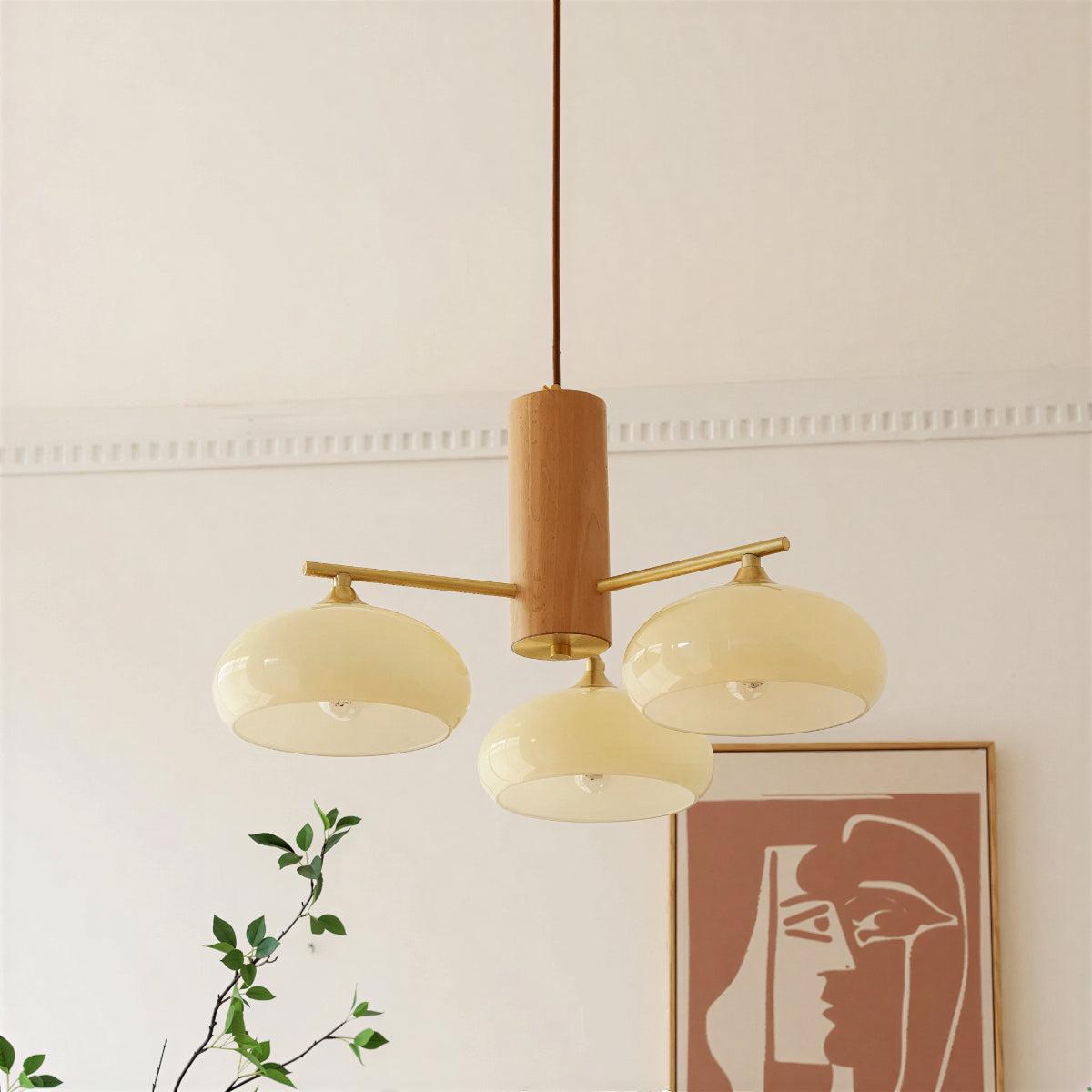 Mid-Century Chandelier with Glass Shades and Brass Arms