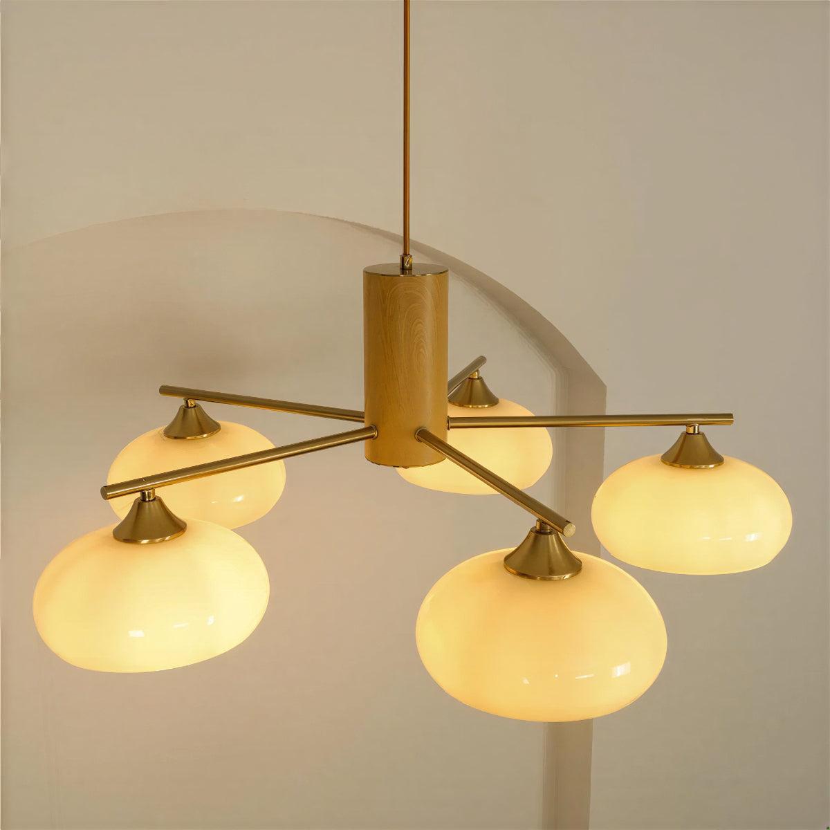 Mid-Century Chandelier with Glass Shades and Brass Arms
