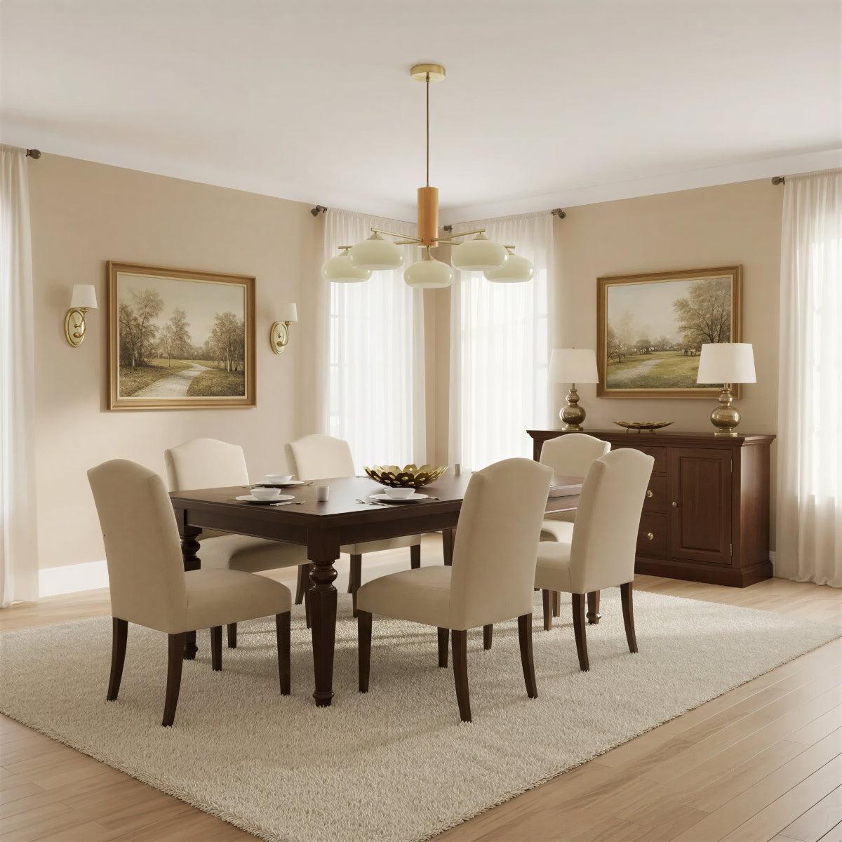 Mid-Century Chandelier with Glass Shades and Brass Arms