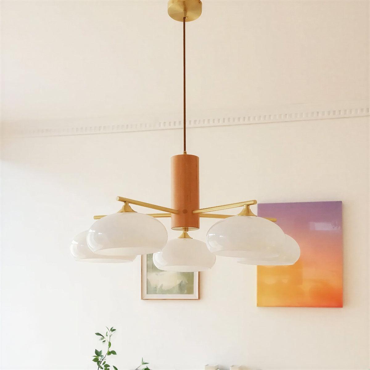 Mid-Century Chandelier with Glass Shades and Brass Arms