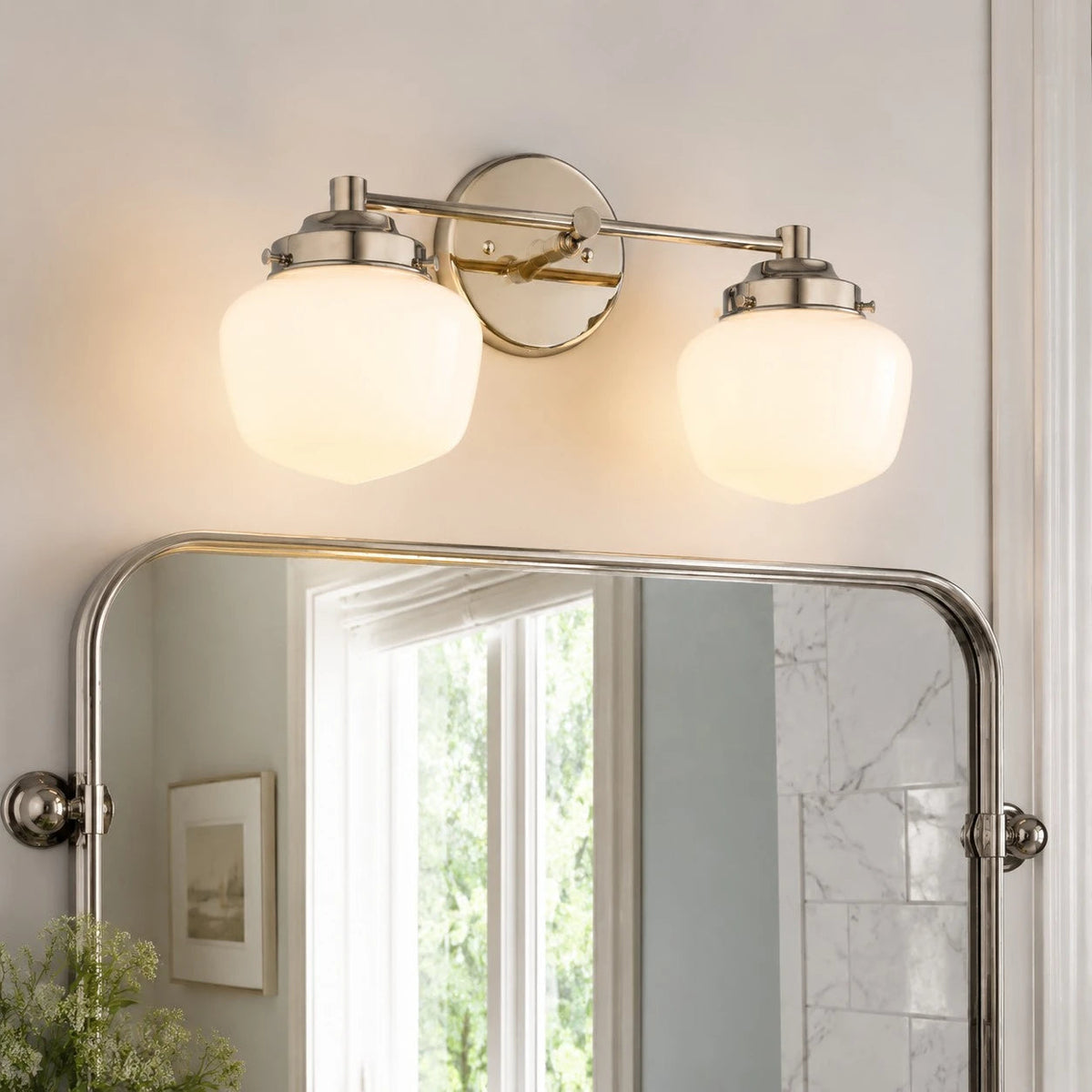 Mid-Century Wall Sconce with Opal Glass Globes