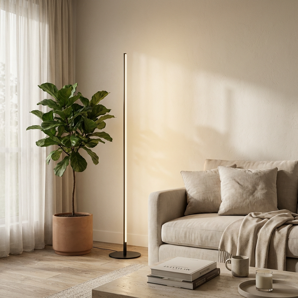 Minimalist LED Floor Lamp with Slim Linear Design and Round Base