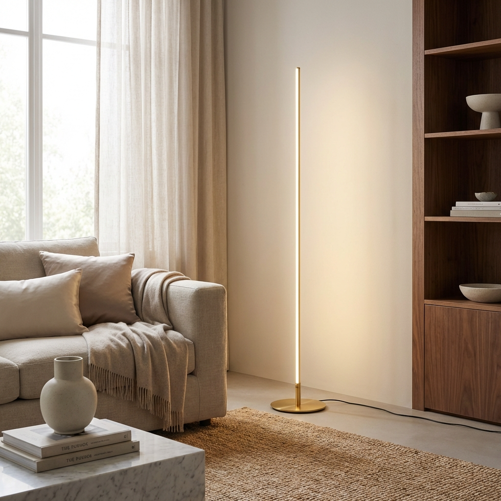 Minimalist LED Floor Lamp with Slim Linear Design and Round Base