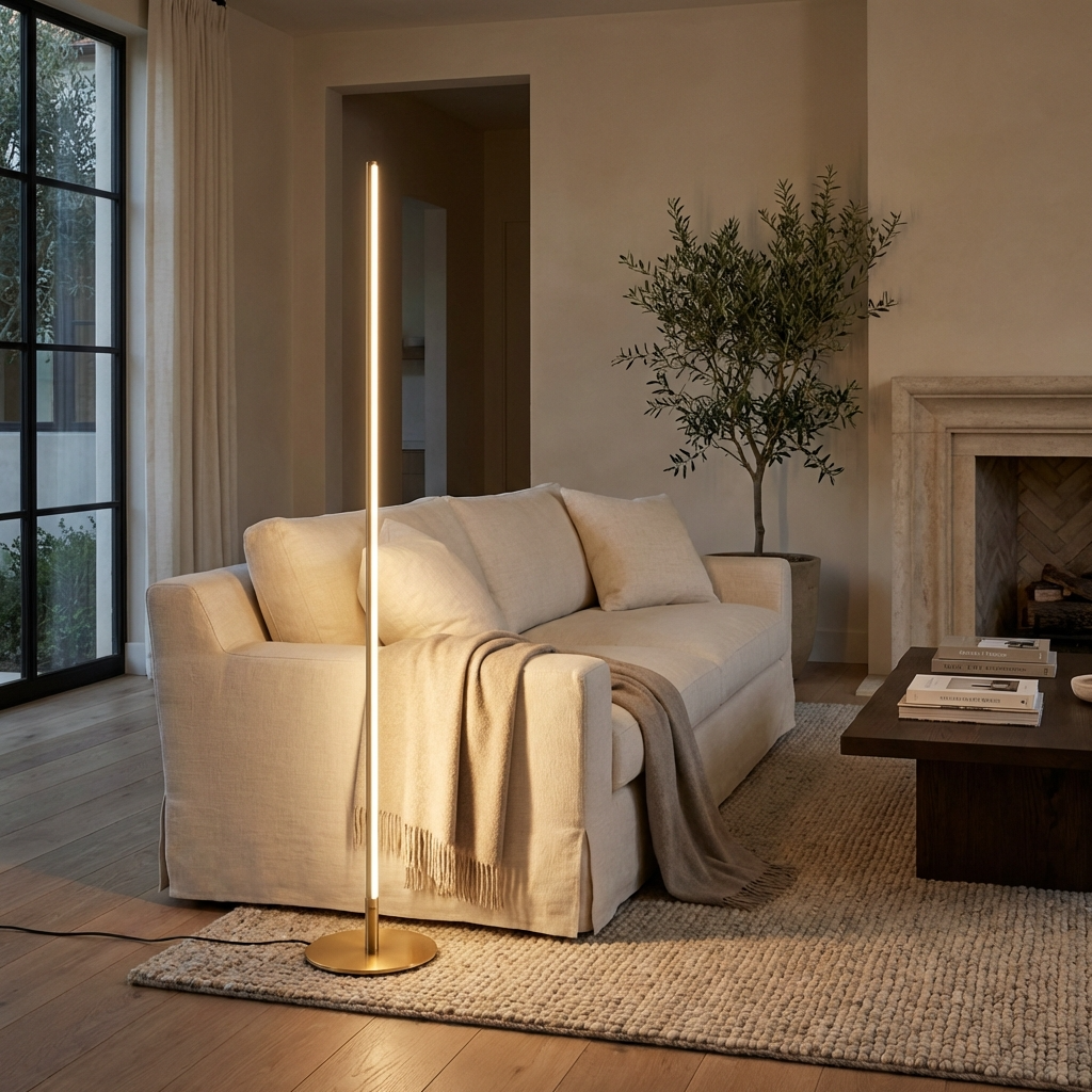 Minimalist LED Floor Lamp with Slim Linear Design and Round Base