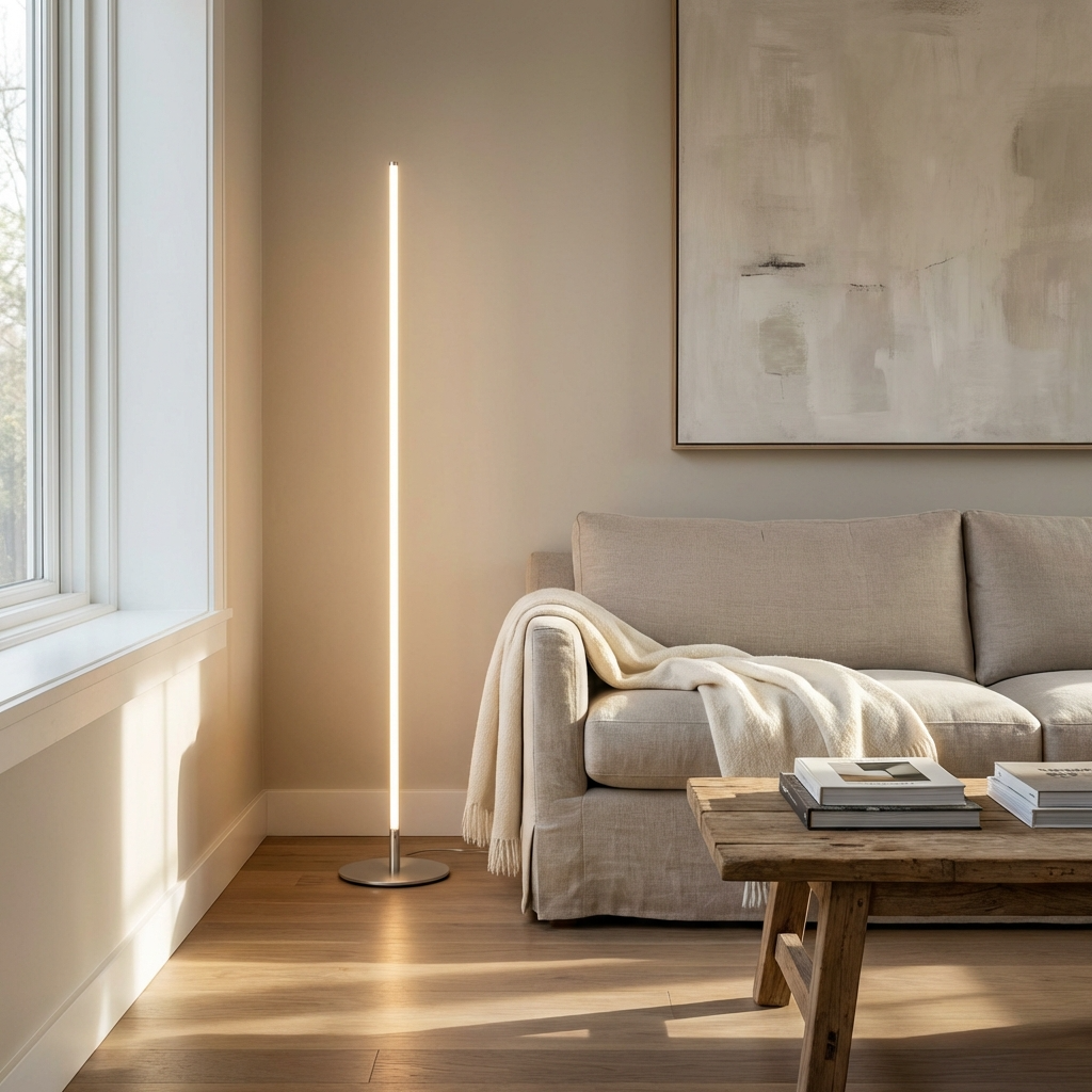 Minimalist LED Floor Lamp with Slim Linear Design and Round Base