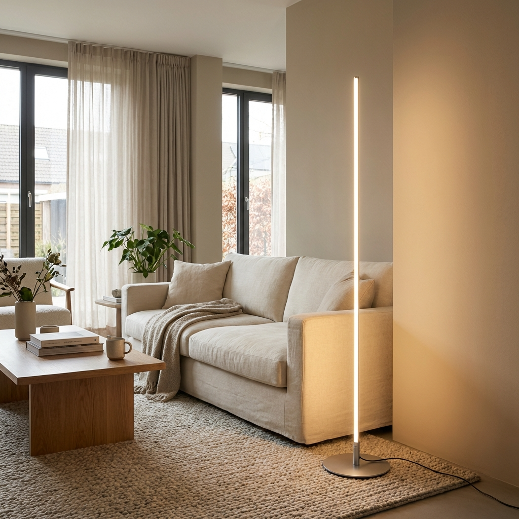 Minimalist LED Floor Lamp with Slim Linear Design and Round Base