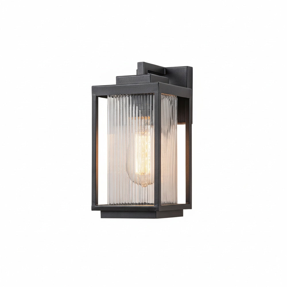 Modern Farmhouse Outdoor Wall Lantern with Ribbed Glass Shade and Open Metal Cage