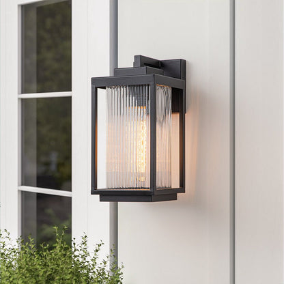 Modern Farmhouse Outdoor Wall Lantern with Ribbed Glass Shade and Open Metal Cage