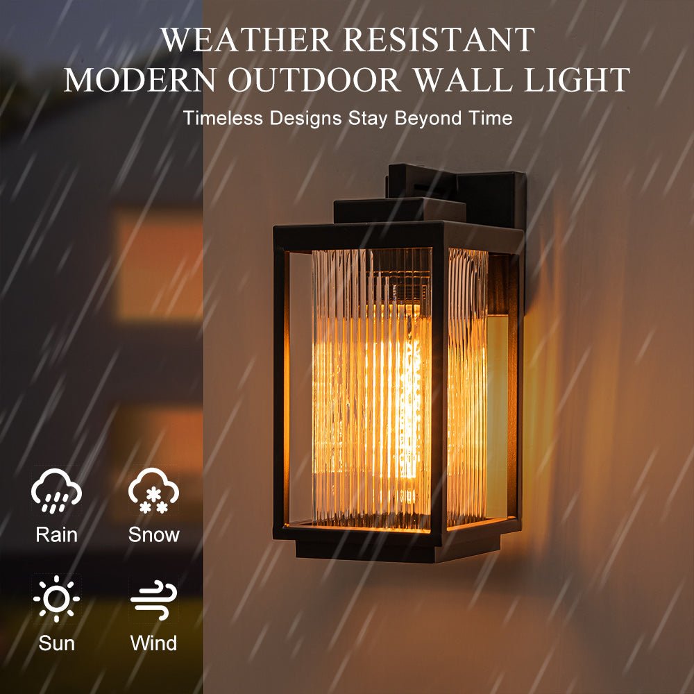 Modern Farmhouse Outdoor Wall Lantern with Ribbed Glass Shade and Open Metal Cage