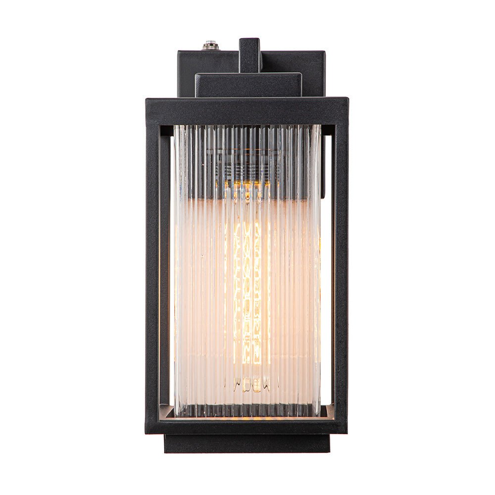 Modern Farmhouse Outdoor Wall Lantern with Ribbed Glass Shade and Open Metal Cage