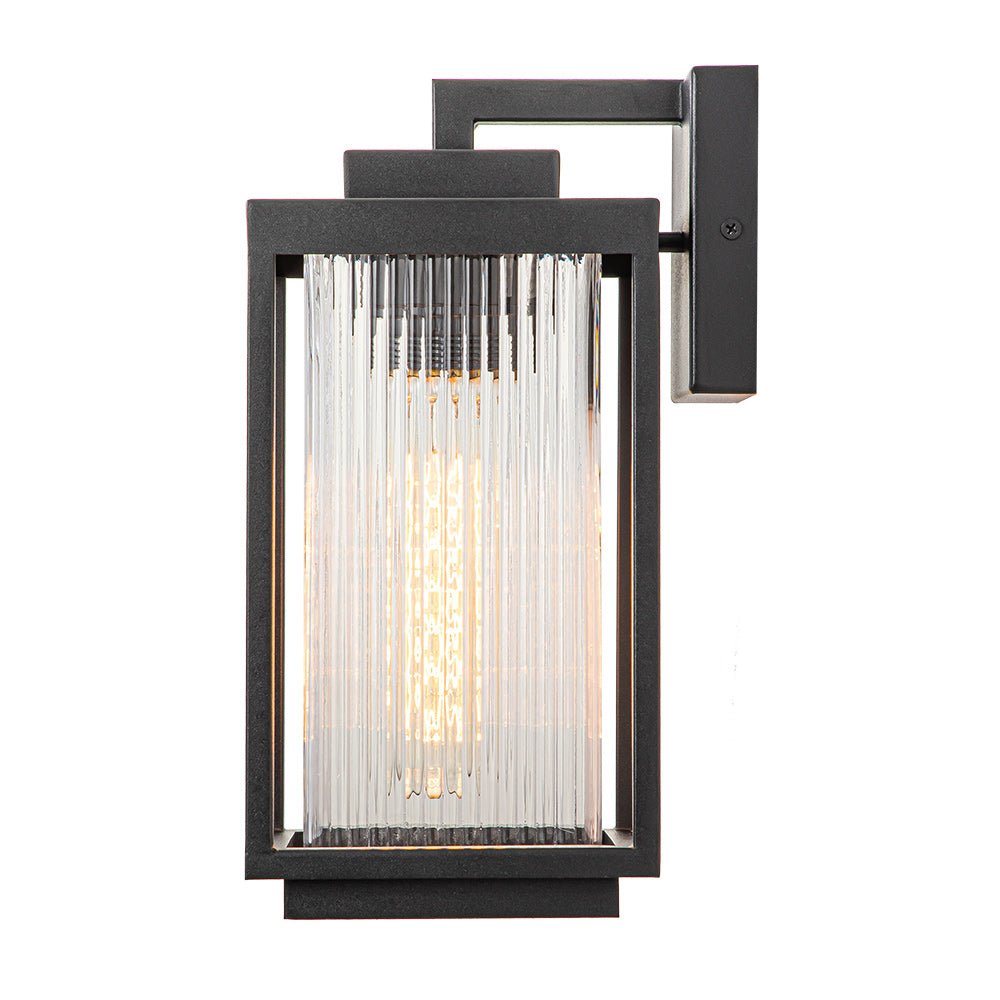 Modern Farmhouse Outdoor Wall Lantern with Ribbed Glass Shade and Open Metal Cage