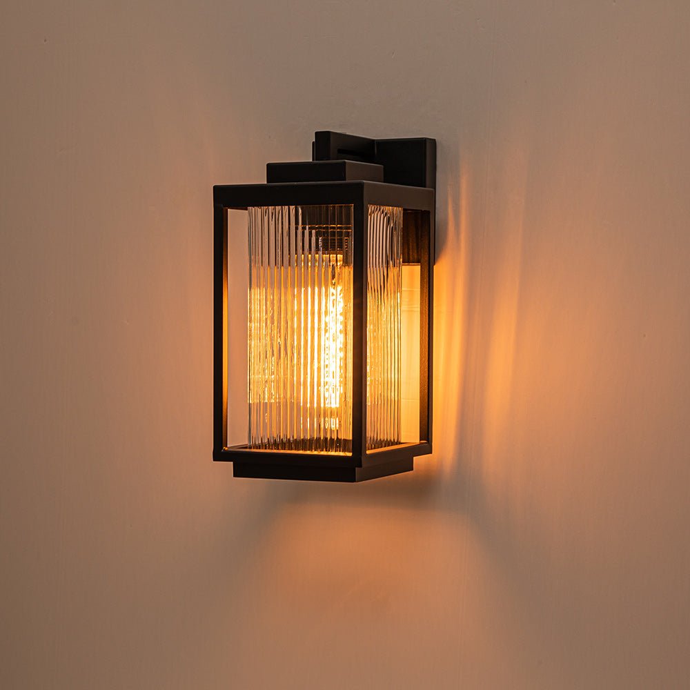 Modern Farmhouse Outdoor Wall Lantern with Ribbed Glass Shade and Open Metal Cage
