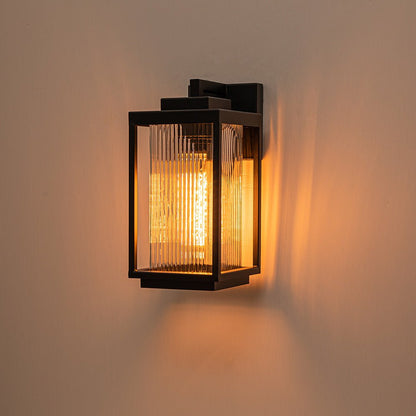 Modern Farmhouse Outdoor Wall Lantern with Ribbed Glass Shade and Open Metal Cage