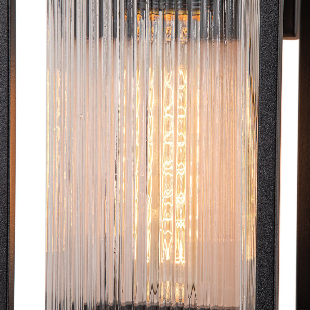 Modern Farmhouse Outdoor Wall Lantern with Ribbed Glass Shade and Open Metal Cage