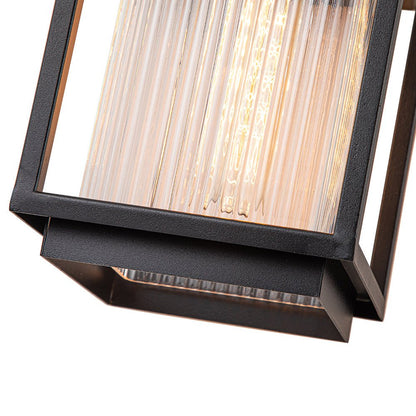 Modern Farmhouse Outdoor Wall Lantern with Ribbed Glass Shade and Open Metal Cage