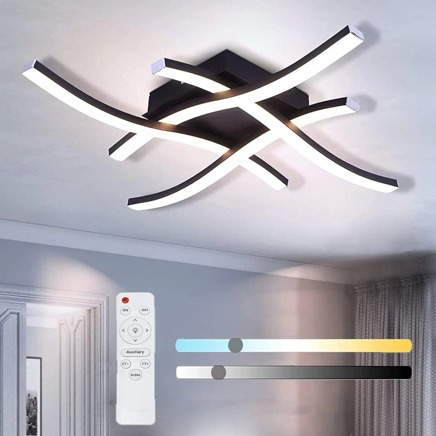 Modern LED Ceiling Light Dimmable with Remote Control and 4-Wave Design