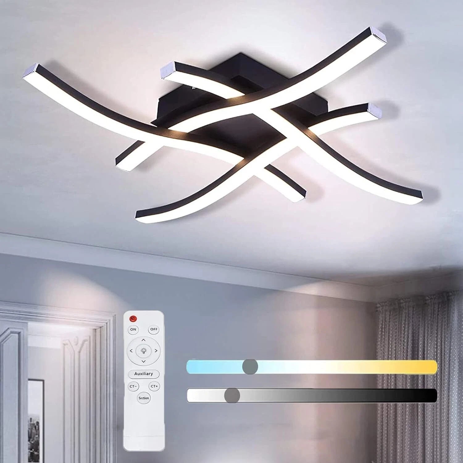 Modern LED Ceiling Light Dimmable with Remote Control and 4-Wave Design