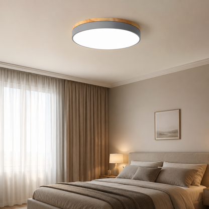 Modern Round Flush Ceiling Light with Wooden Frame and Acrylic Diffuser