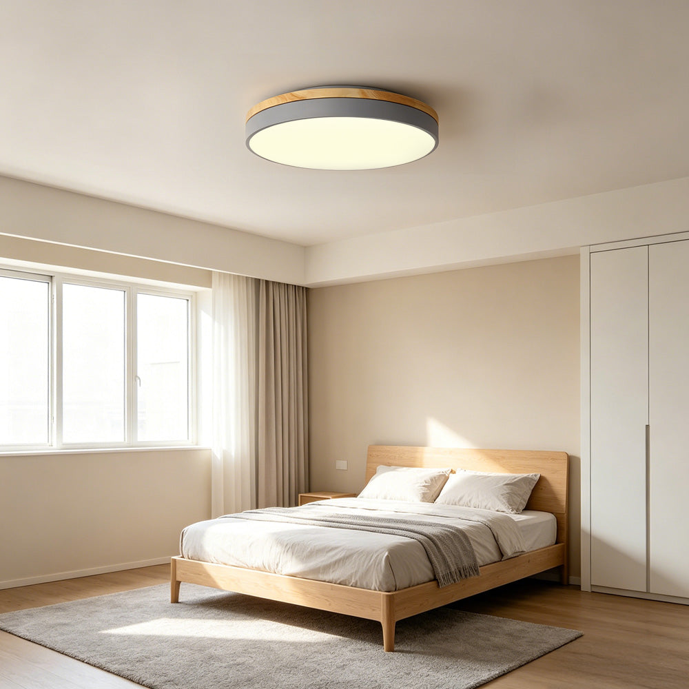 Modern Round Flush Ceiling Light with Wooden Frame and Acrylic Diffuser